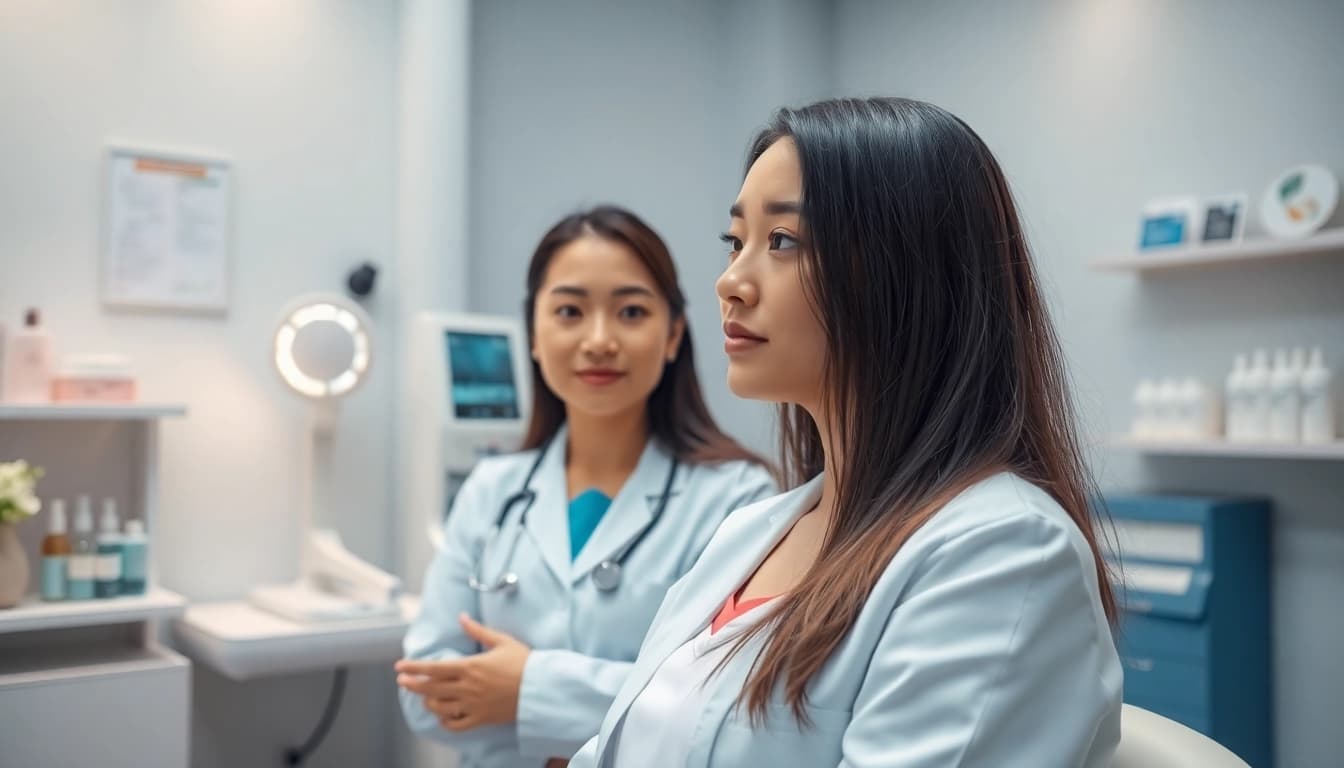 落ち着いたクリニックで行われる女性の薄毛治療セッション。女性の薄毛治療を強調。