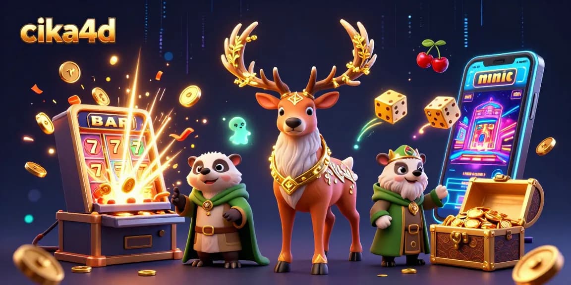 Experience thrilling adventures with cika4d in this vibrant casino illustration featuring a magical stag, badger, and jackpot surprises.