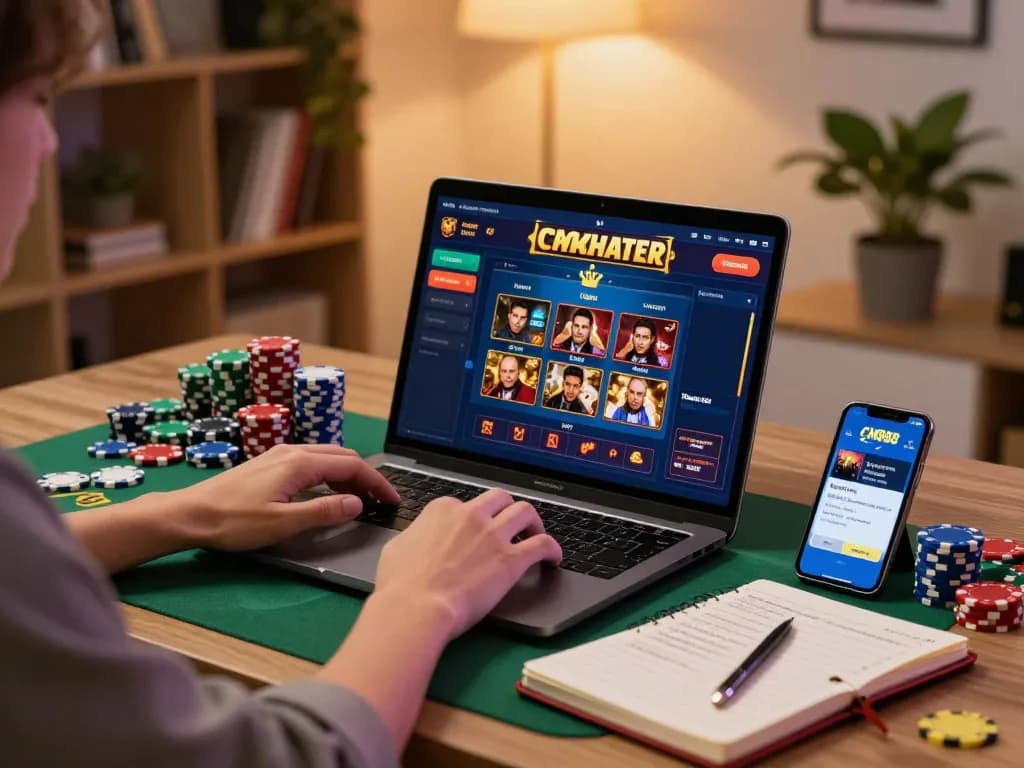 Engaging gameplay on CM888 app during a cozy home casino experience with warm lighting