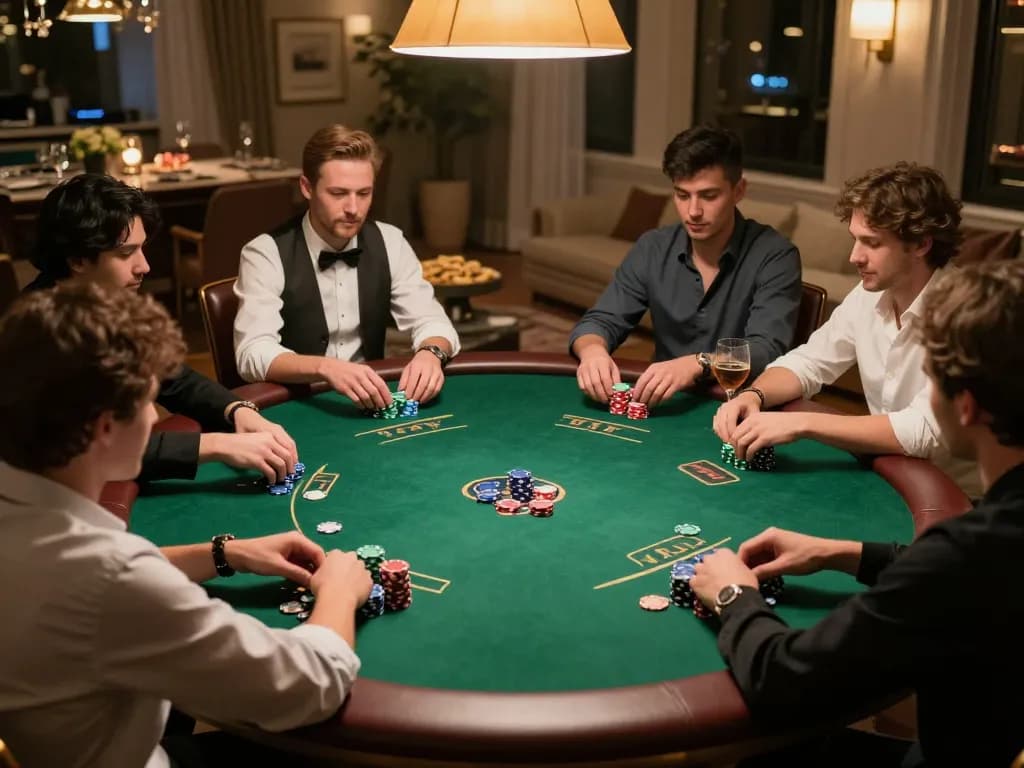 Engaged players in a high-stakes poker game showcasing link slot gacor strategies in a luxurious setting