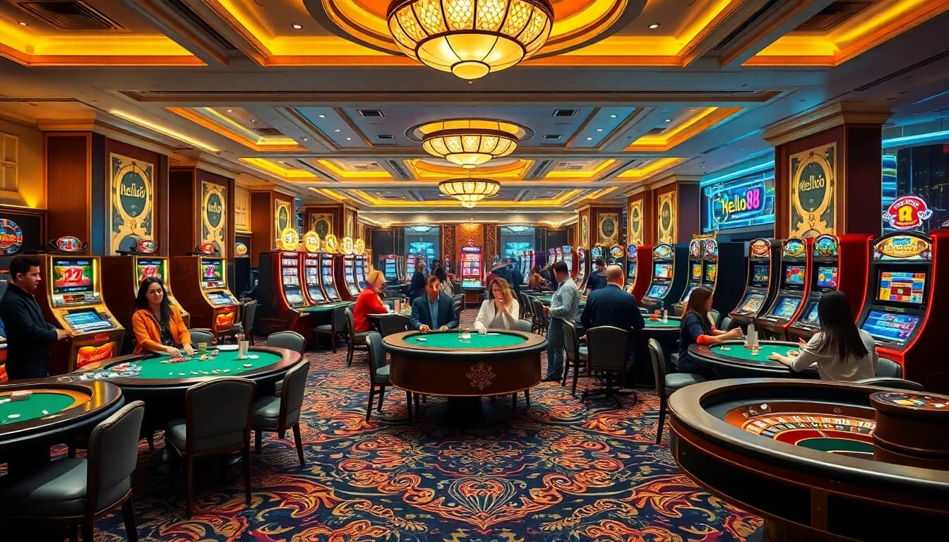 Experience thrilling gaming action at hello88's casino tables with vibrant poker chips and slot machines.