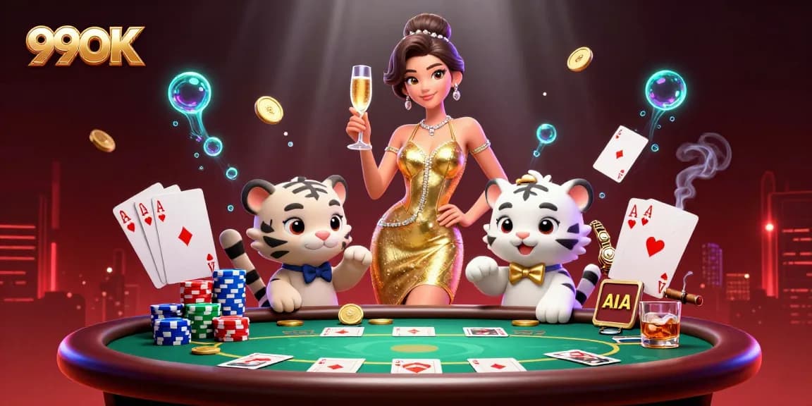 99OK showcases a glamorous woman celebrating with a lucky white tiger cub, surrounded by poker excitement.