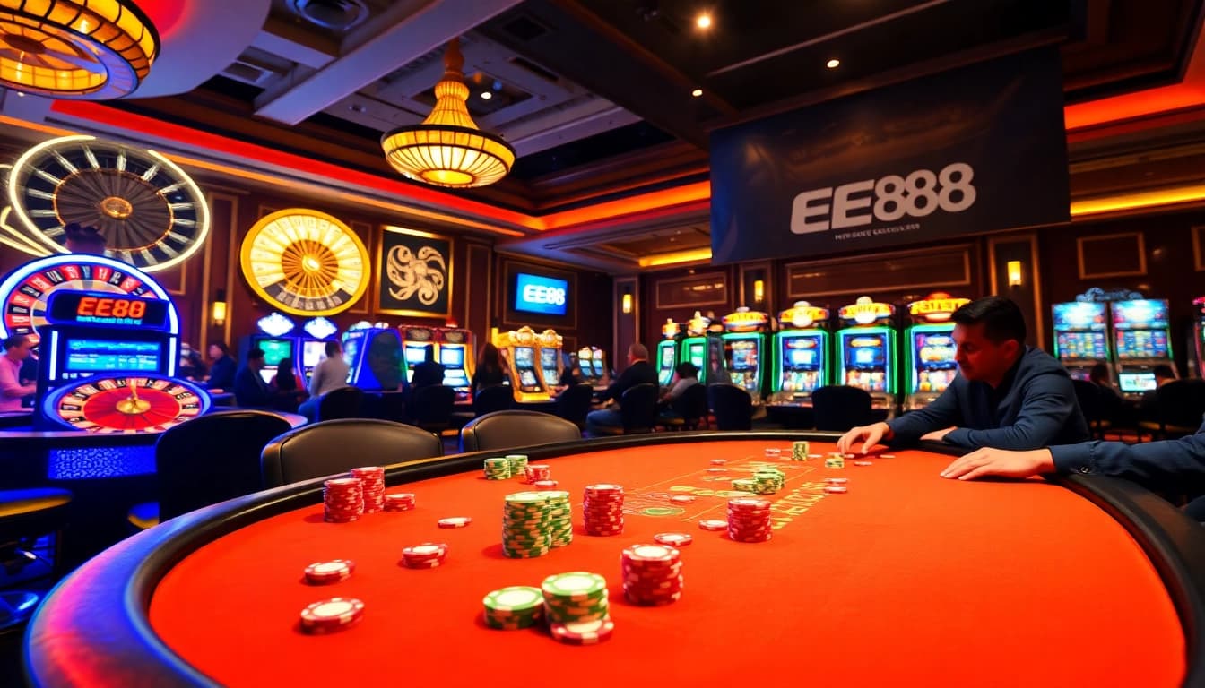EE88 poker players enjoying an exciting game highlighted by vibrant chips and elegant casino decor.