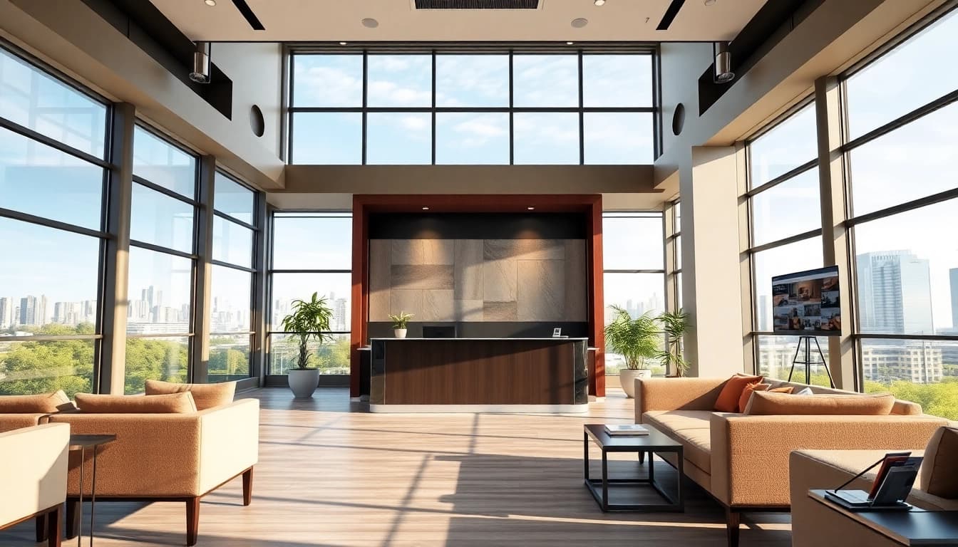 Real Estate office interior showcasing modern design and welcoming atmosphere.