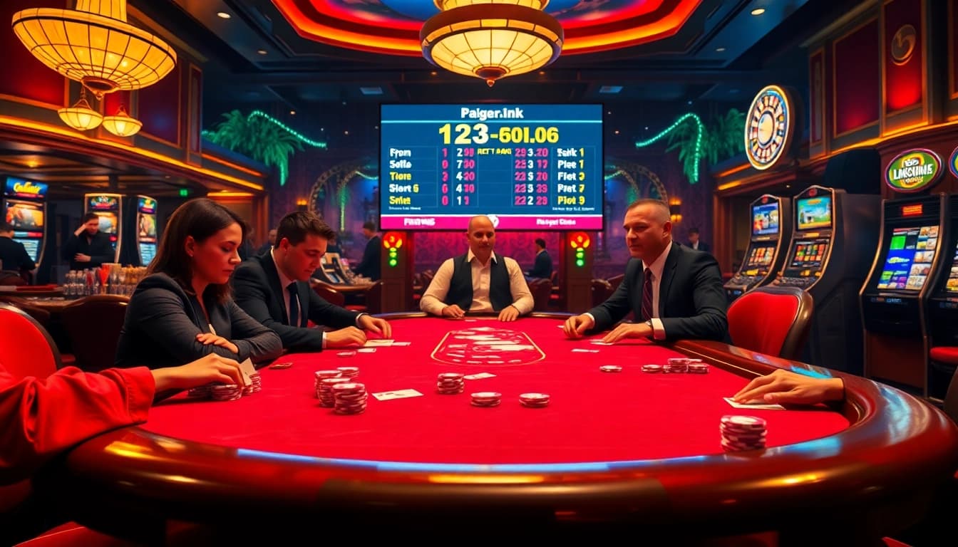 Players strategizing and enjoying high-stakes poker at 123ga.ink, showcasing a vibrant casino atmosphere.