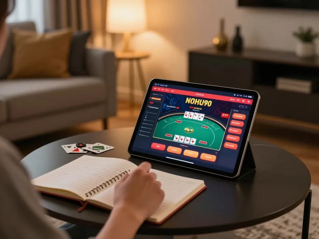 Nohu90 player engages with poker on tablet in stylish home setting, highlighting responsible gambling.