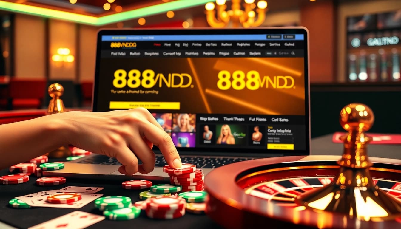 Placing bets on 888VND.ORG with poker chips and cards at a luxurious casino table