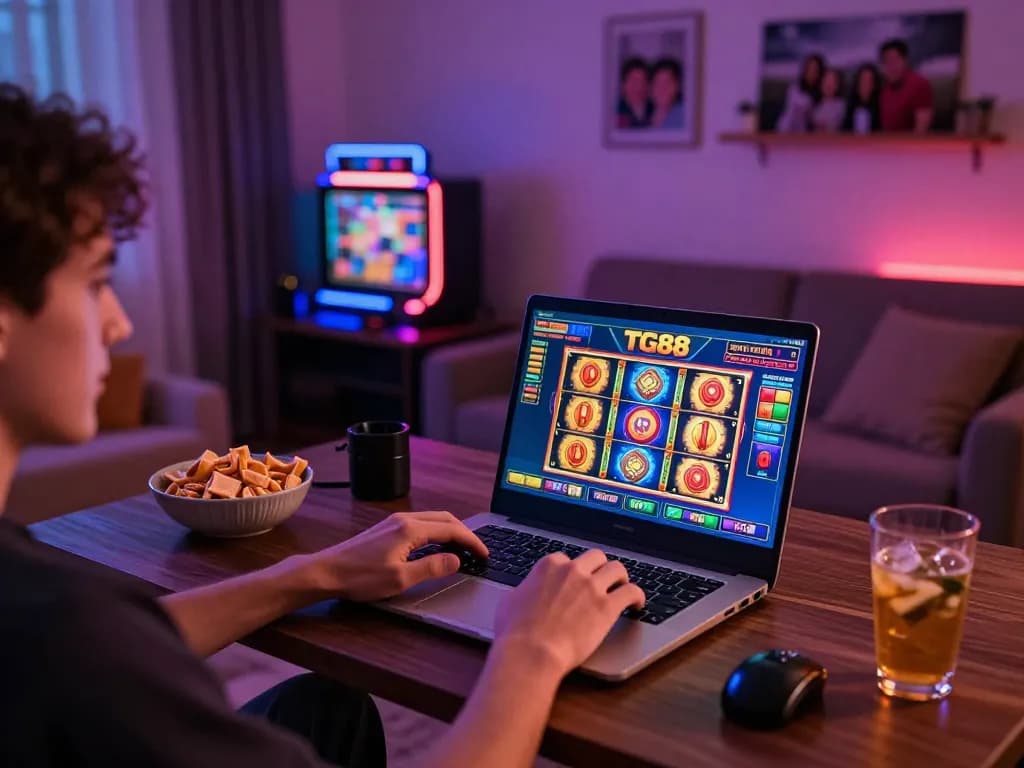 Engaging online gaming session on TG88 with vibrant slot visuals and a cozy home atmosphere.