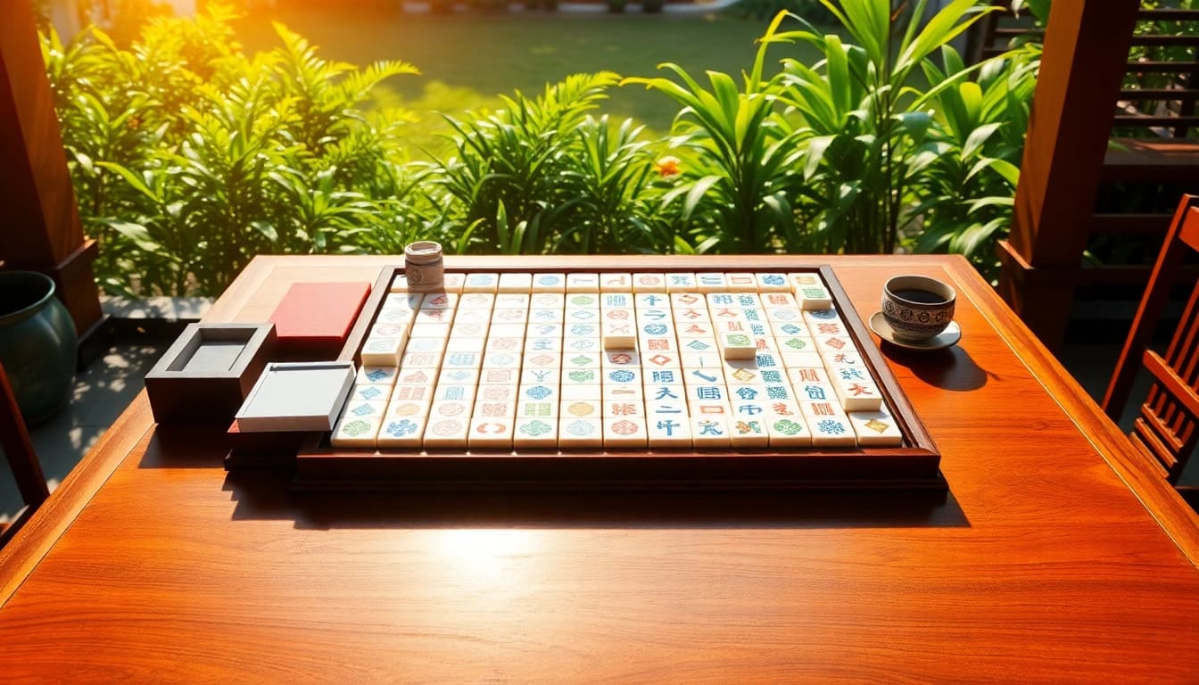 Mahjong dengan set permainan berdesain indah di meja kayu di taman yang hijau.