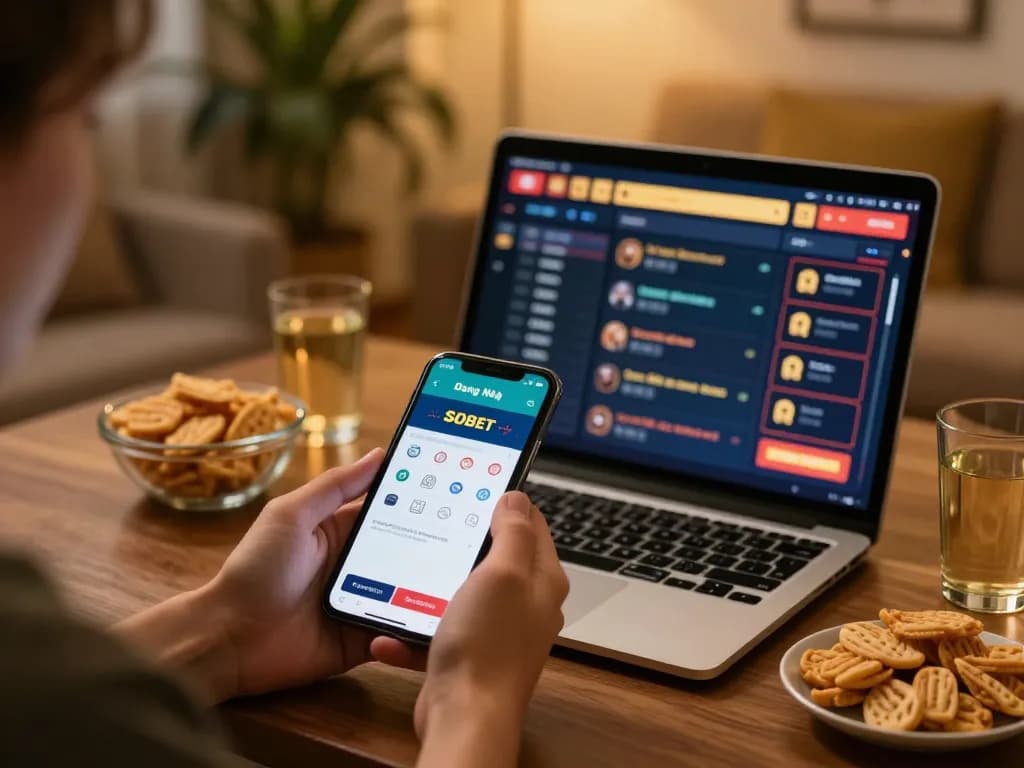 SBOBET Đăng Nhập on a smartphone, showcasing a live casino game in a cozy home setting.