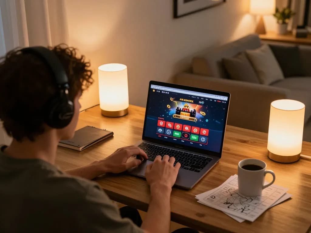 Player enjoying online gambling at thabet, immersed in strategy with cozy home setting.