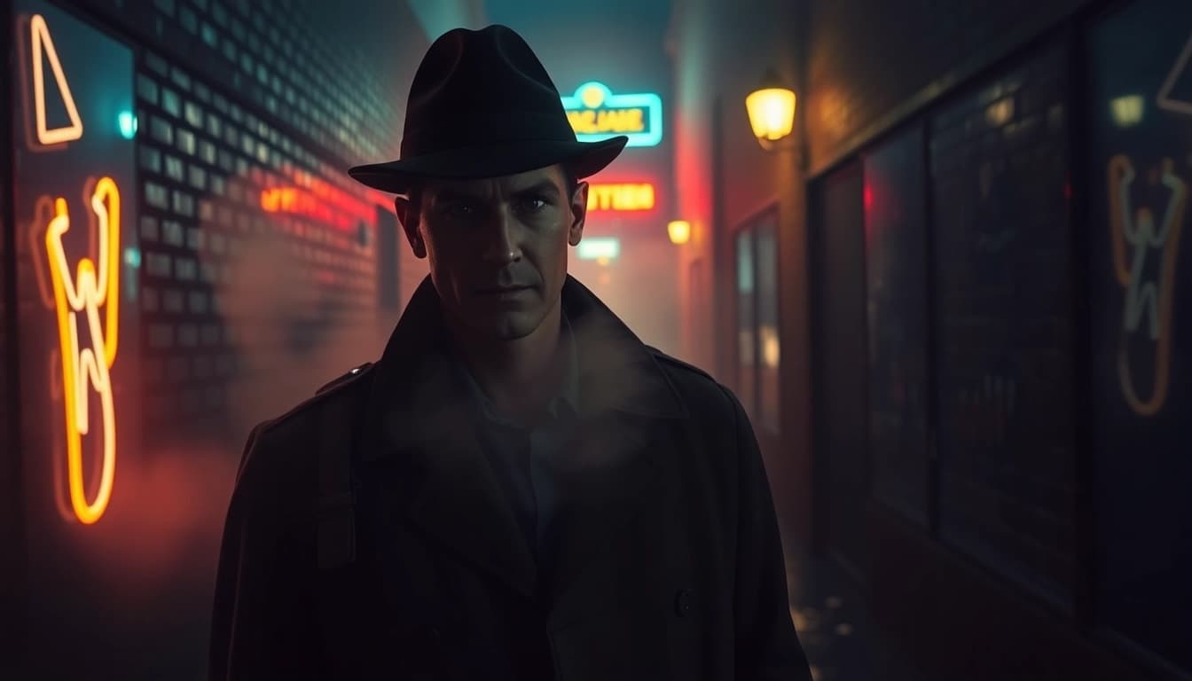 Capture a thriller atmosphere with a mysterious figure in an eerie urban setting.