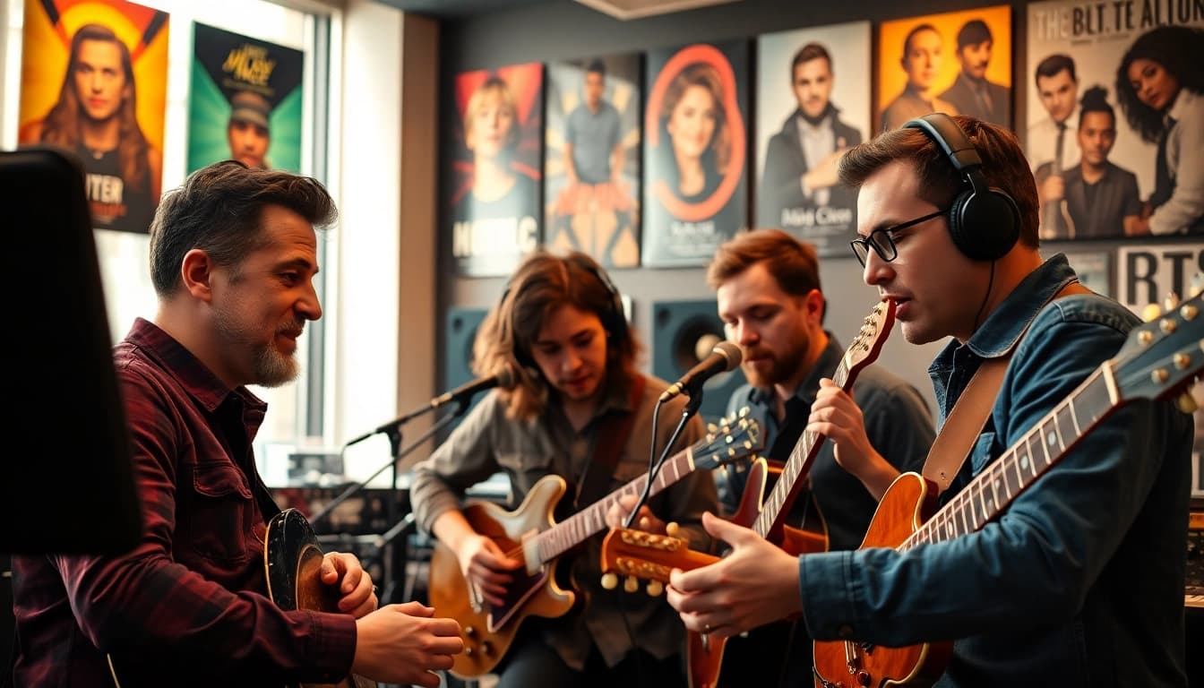 Engaging musicians collaborating on music promotion services in a vibrant studio setting.