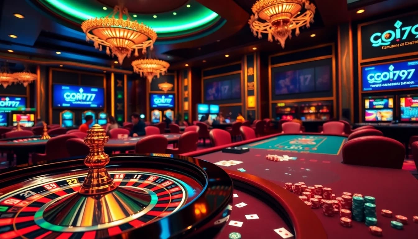 Gambling thrill at gori77's casino table with roulette and poker elements.