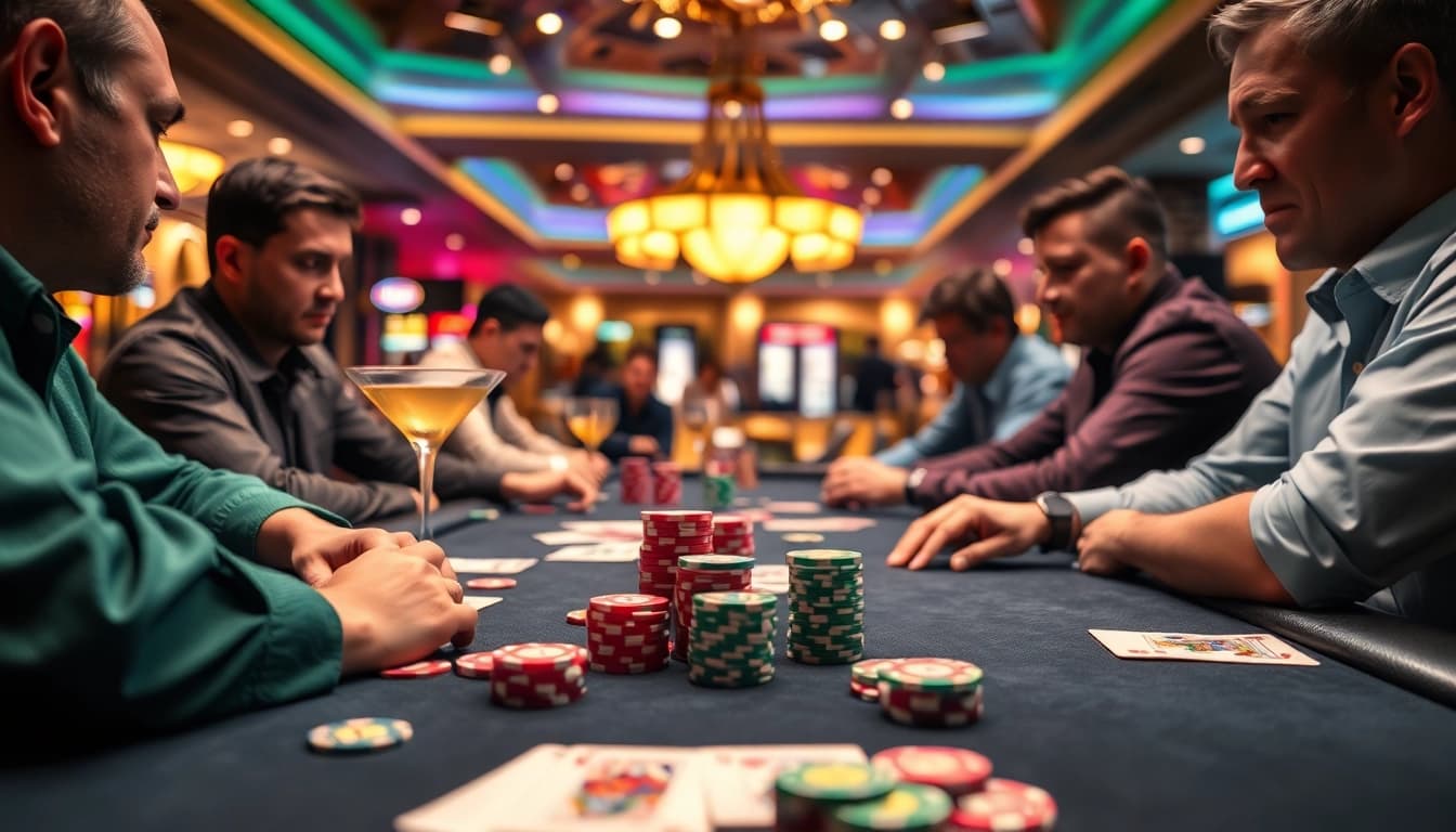 Permainan idn poker yang mendebarkan di meja kasino dengan suasana yang penuh semangat.