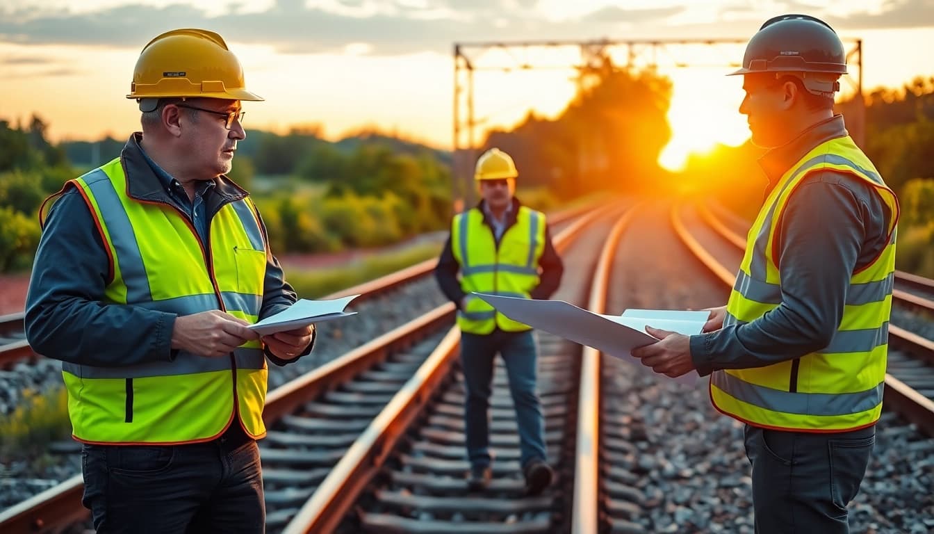Railroad Contractors Near Me assessing railway conditions during sunset with safety gear.