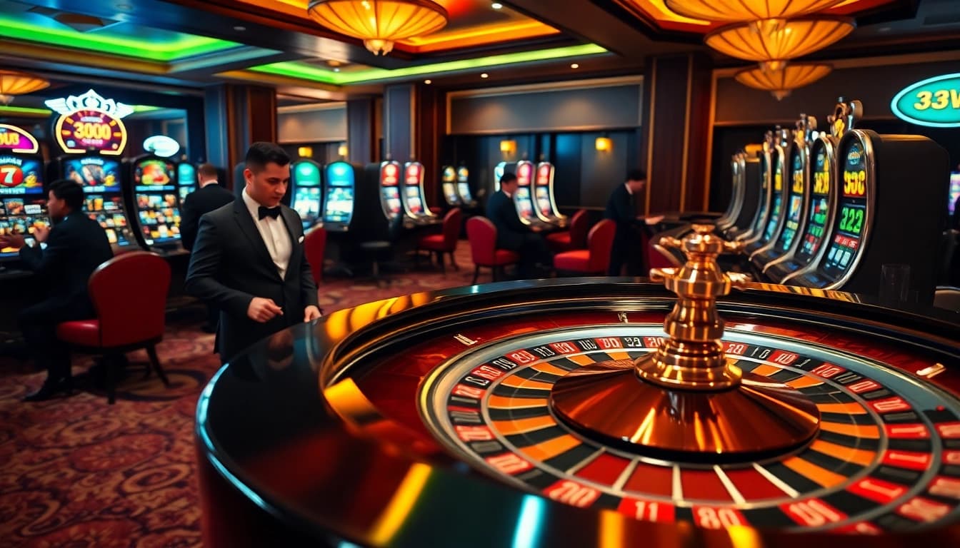 Engaging casino scene at 33win featuring roulette, poker chips, and slot machines.