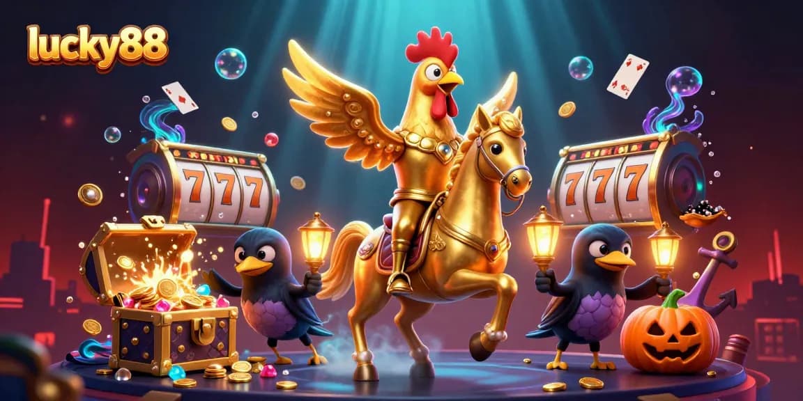 Experience thrilling gameplay at lucky88 with a golden rooster, spectral horse, and gaming elements.