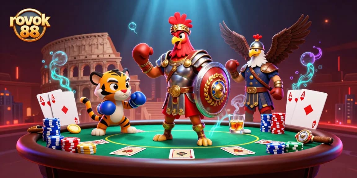 Experience thrilling gambling at Rokok 88 with a vibrant illustration showcasing a gladiator rooster and dynamic casino elements.