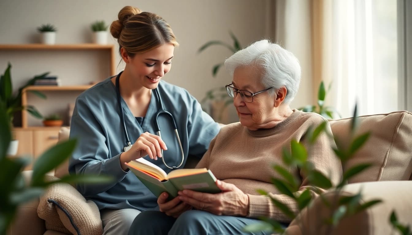Elderly in home care near me: devoted caregiver assisting senior in a warm living environment.