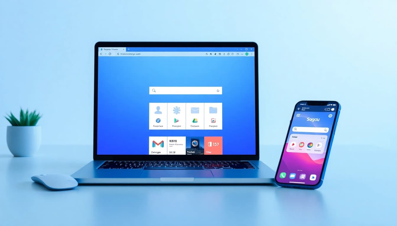 Sogou浏览器 interface showcasing a user-friendly design and customization features on a laptop and smartphone.