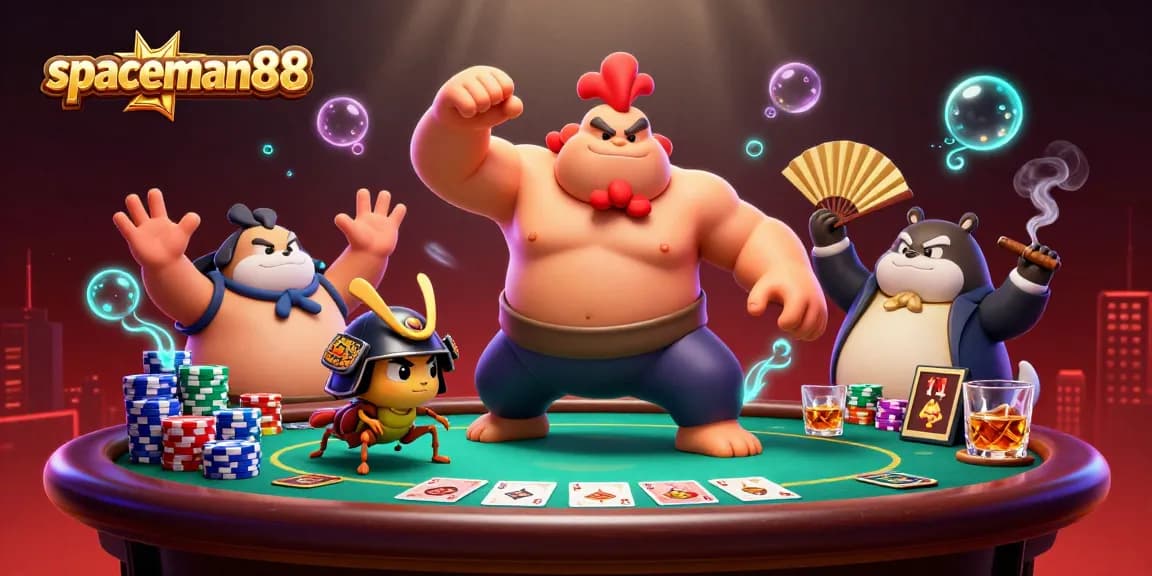 Engage in thrilling gameplay with spaceman88's vibrant casino scene featuring a sumo wrestler and samurai cricket.