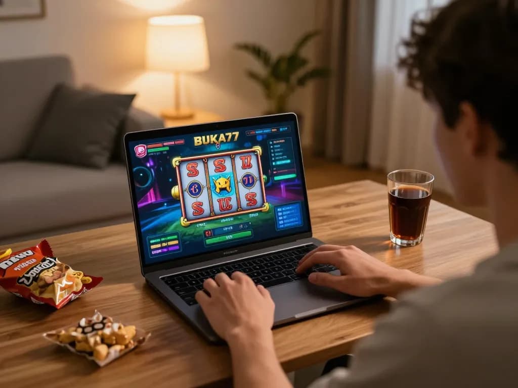 Engaging online gaming session at BUKA77 with a vibrant slot machine interface in a cozy home.