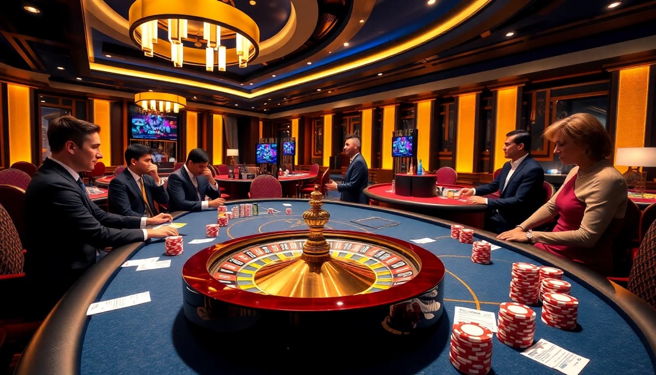 Gambling excitement at Nhà Cái 56WIN with poker tables, chips, and roulette wheels.