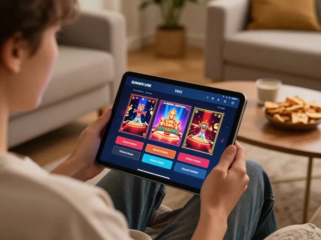 Engaging with the SUNWIN LINK app on a tablet during a cozy home gaming session.