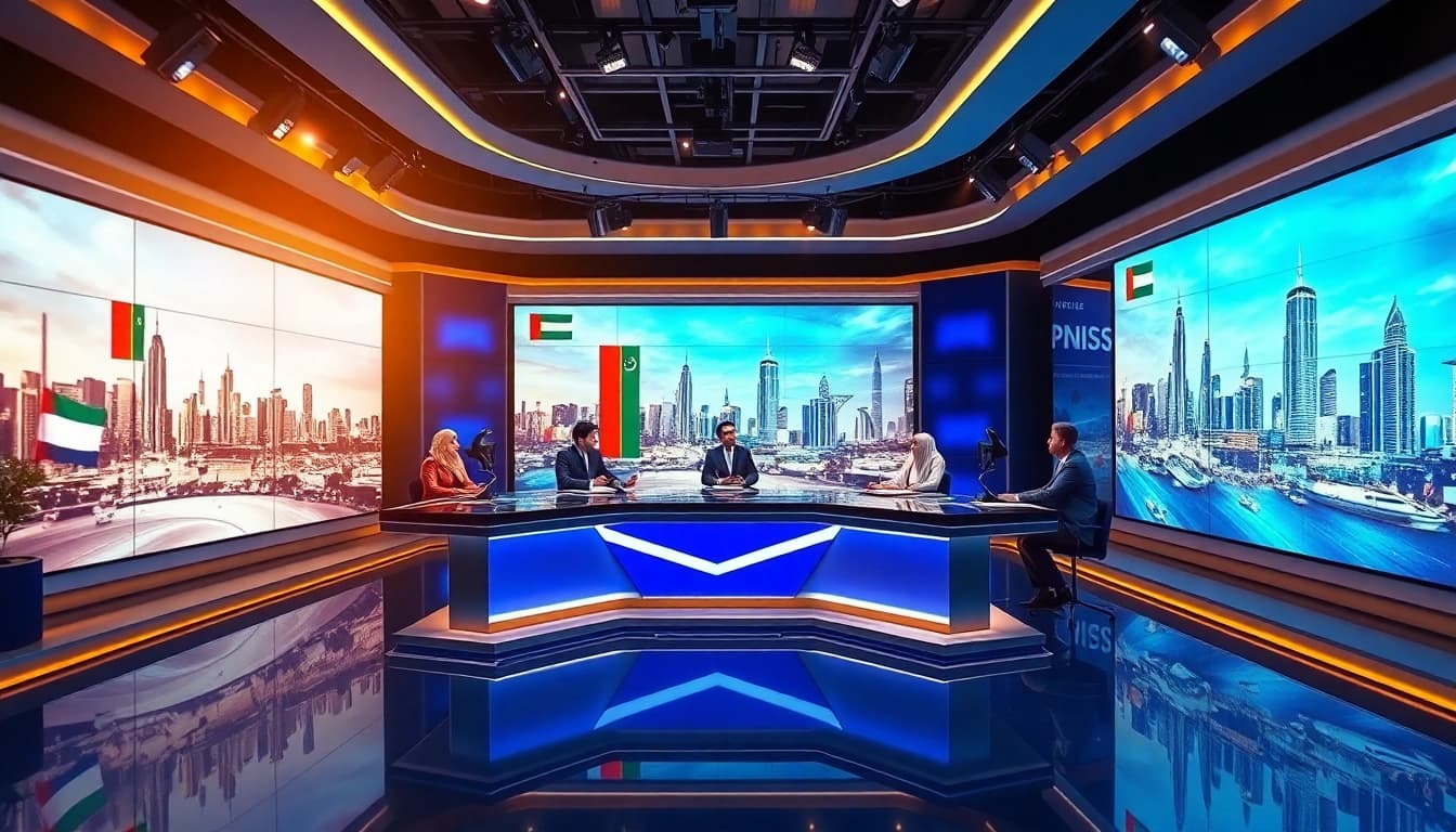 Dynamic news studio scene highlighting pulsetimes.ae with diverse anchors and live updates.