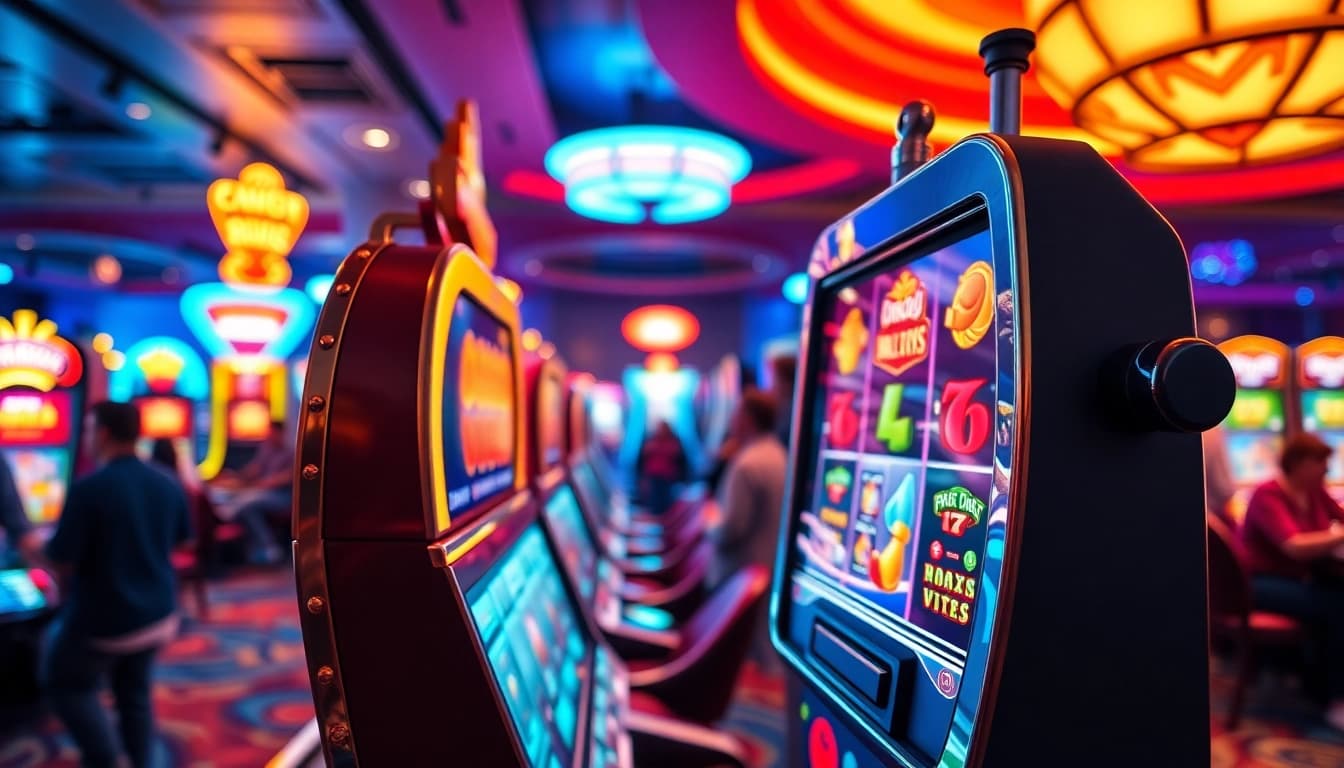 Mainkan unogg slot di kasino yang ceria dengan lampu menerangi suasana.