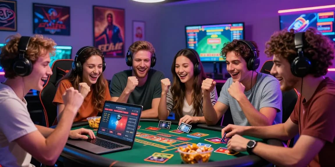 Exciting moment at a credit card casino where friends celebrate a big win while gaming online, showcasing a lively atmosphere.