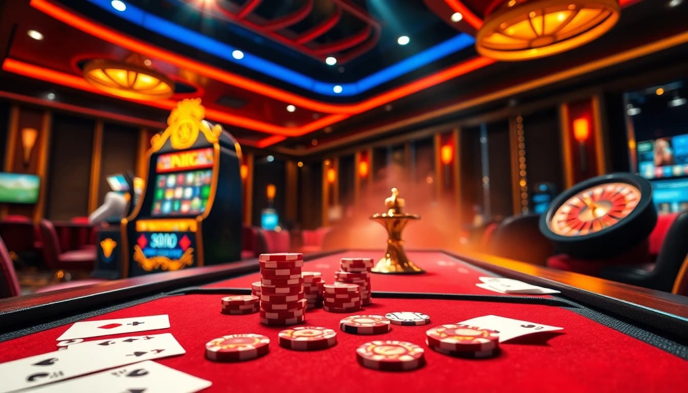 Experience the thrill of playing at an okfun online casino with vibrant tables and spinning roulette.