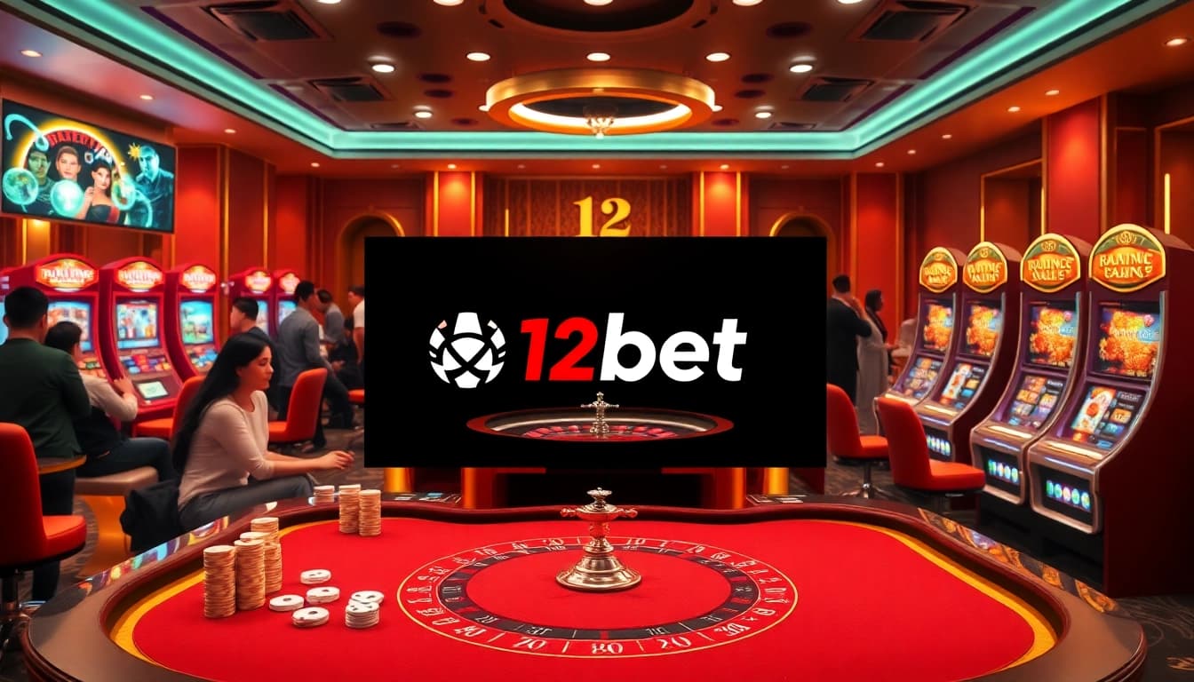 Experience the excitement of online gambling with a vibrant 12bet casino scene featuring poker, roulette, and slot machines.