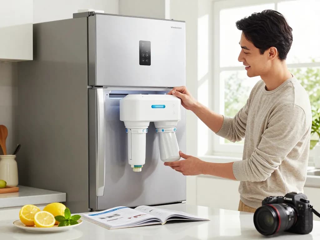 Homeowner changing the Waterdrop EDR4RXD1 Refrigerator Water Filter in a bright, modern kitchen.