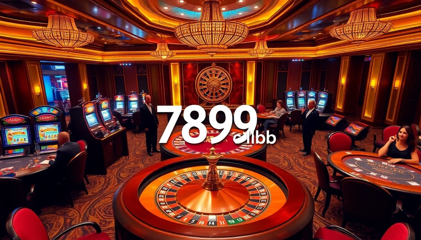 A dynamic gaming scene at 789club featuring players at poker tables and a roulette wheel in a luxury casino.