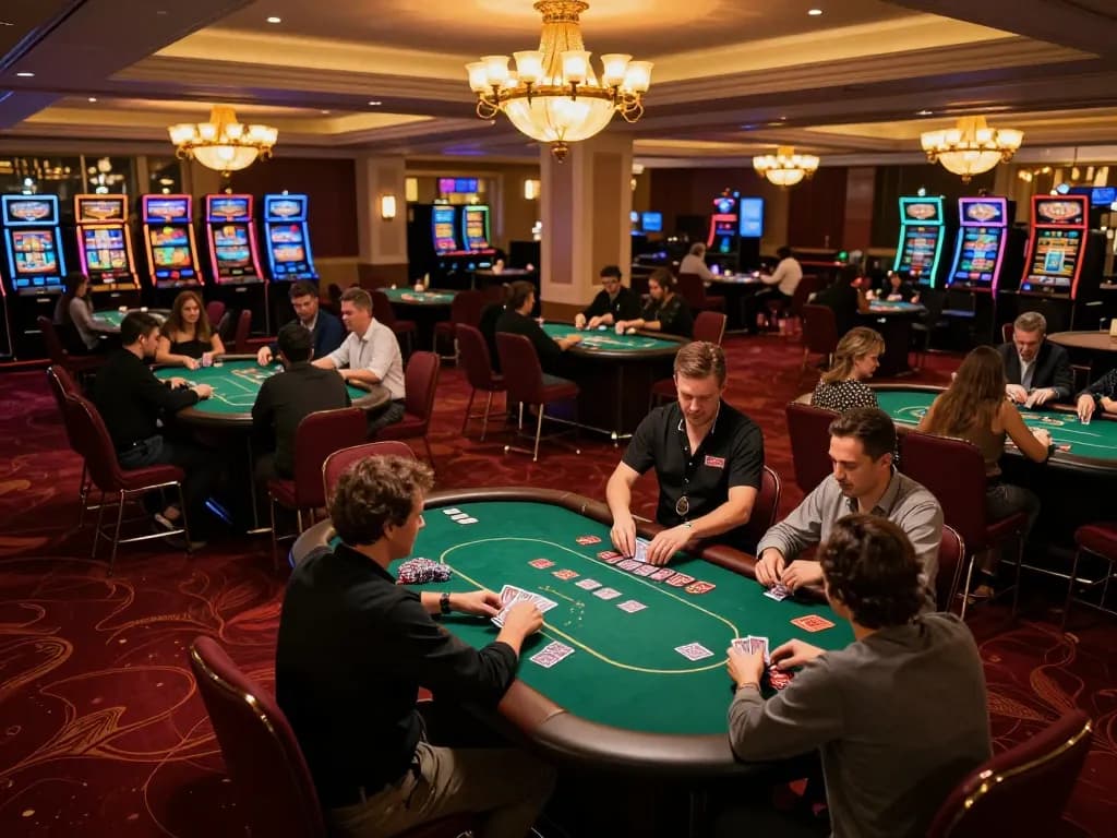 Cakhiatv enhancing the gaming experience in a luxurious casino setting with active poker tables and sophisticated atmosphere.