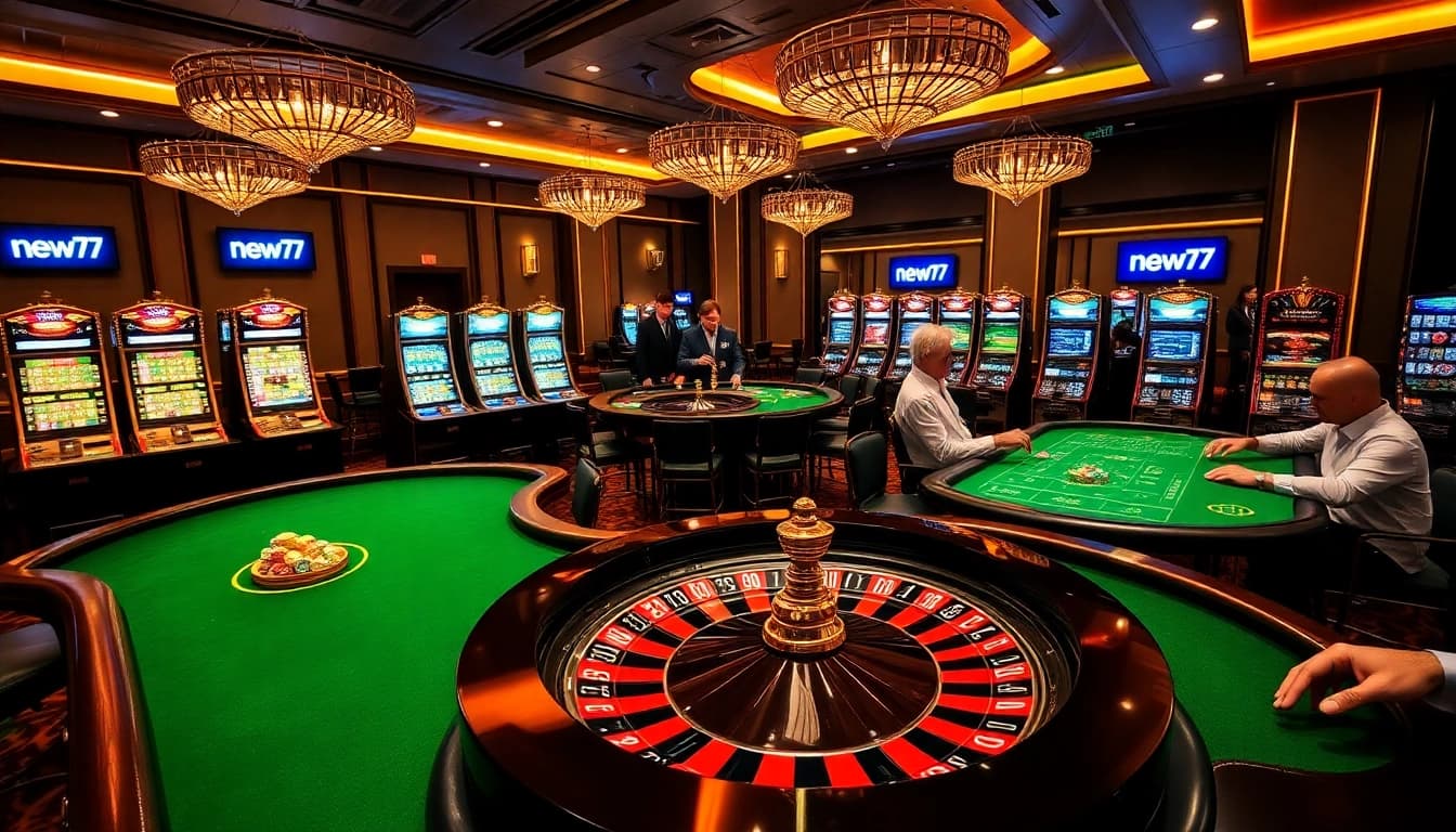 Experience thrilling gameplay at new77, showcasing vibrant slot machines and high-stakes poker tables.