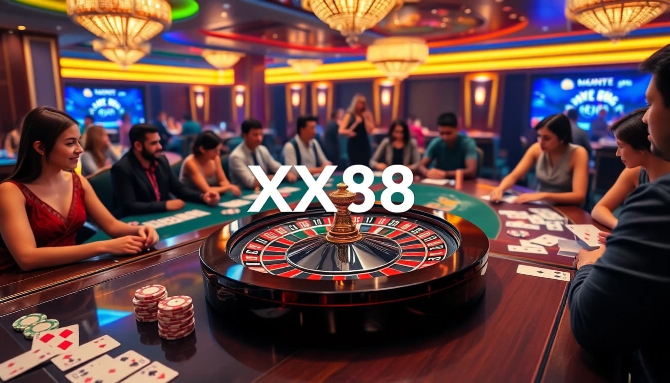 Experience the excitement of XX88 Casino with sleek tables and vibrant gaming action.