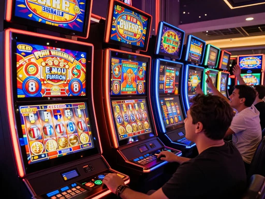 Players enjoying an exciting slot bonus 100 experience at a vibrant casino slot machine area.