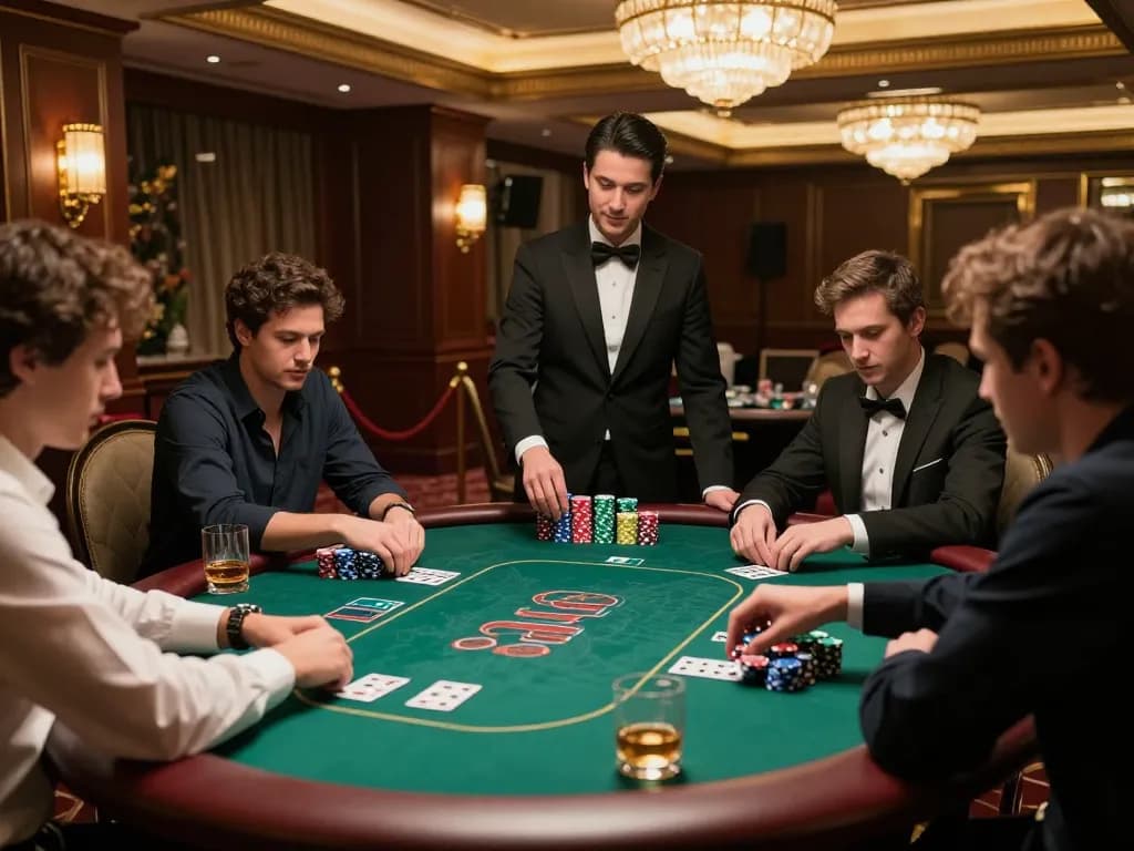 Intense poker game action at a VIP table, showcasing high-stakes betting on https://33cc.info/ with colorful chips and focused players