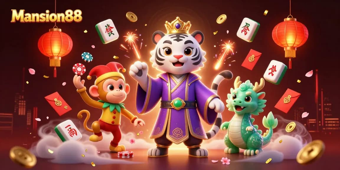 Mansion88 welcomes players with vibrant casino excitement, featuring animated characters in a bustling betting atmosphere.