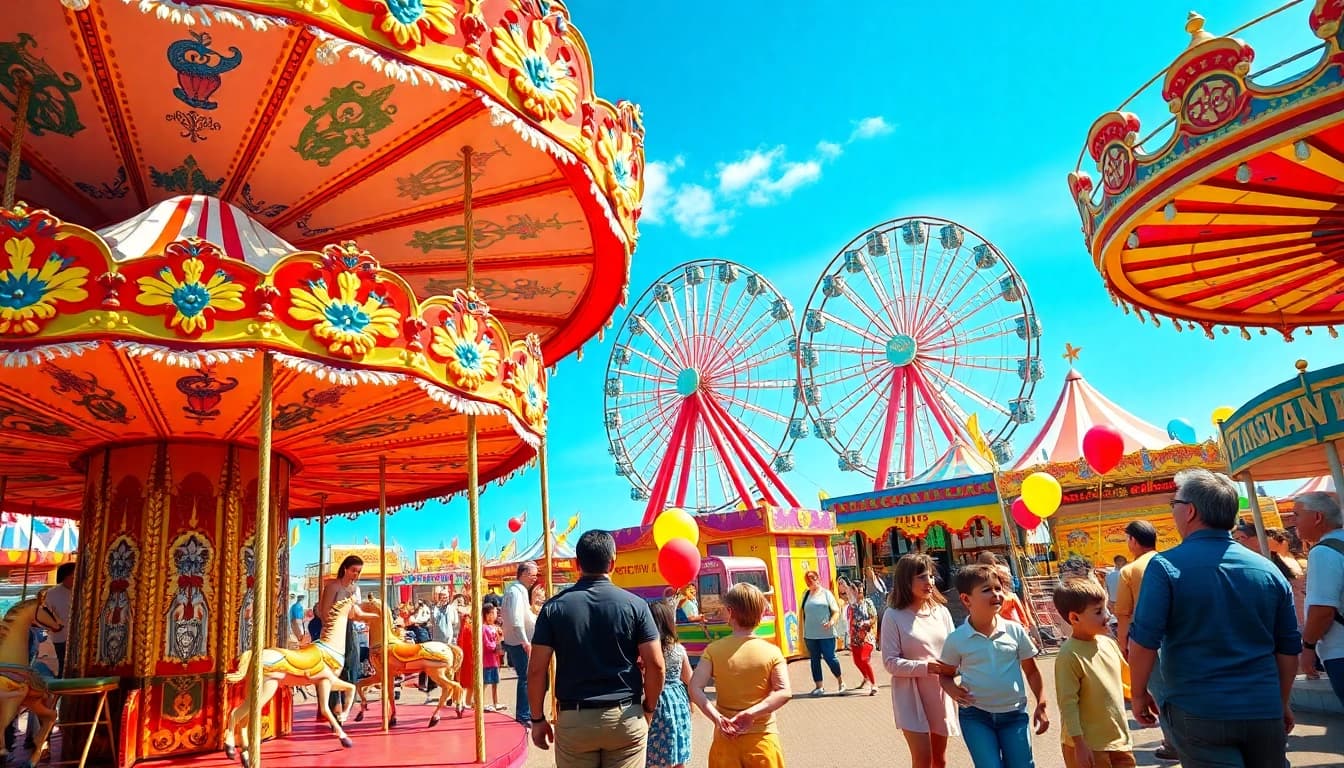 Families enjoying a funfair for hire Newcastle featuring colorful rides and games.