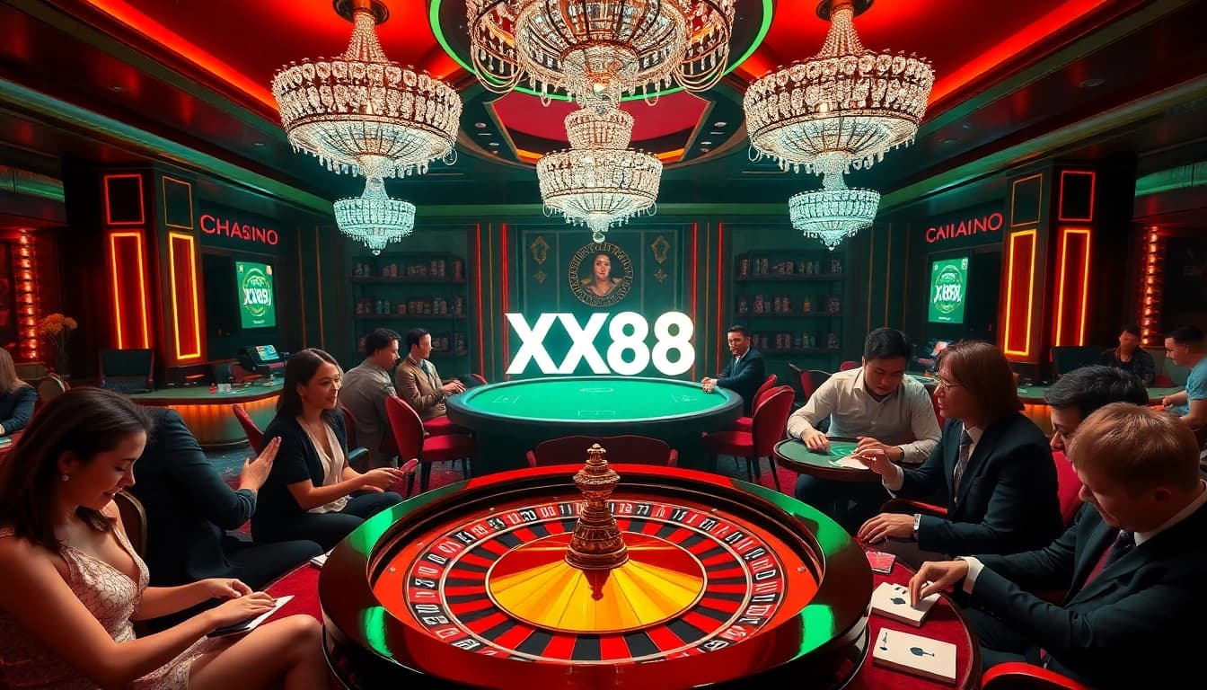 Players engaging at the XX88 casino table, celebrating wins with poker chips and cards.