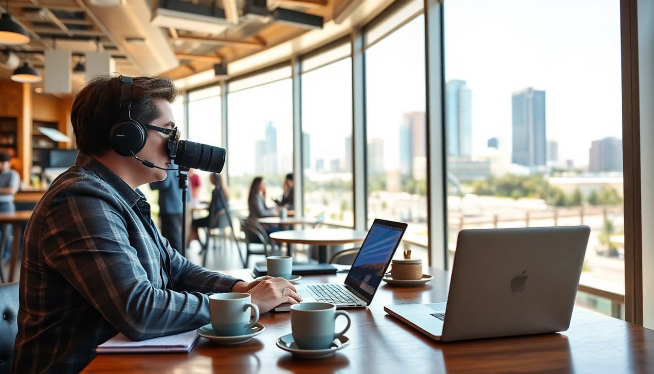 Tampa Free Press journalist working in a lively café setting with city views.