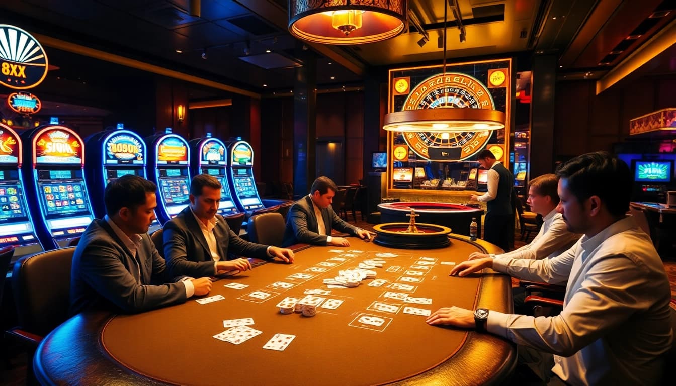 Engaged players at a luxurious 8XX poker table in a vibrant casino setting.