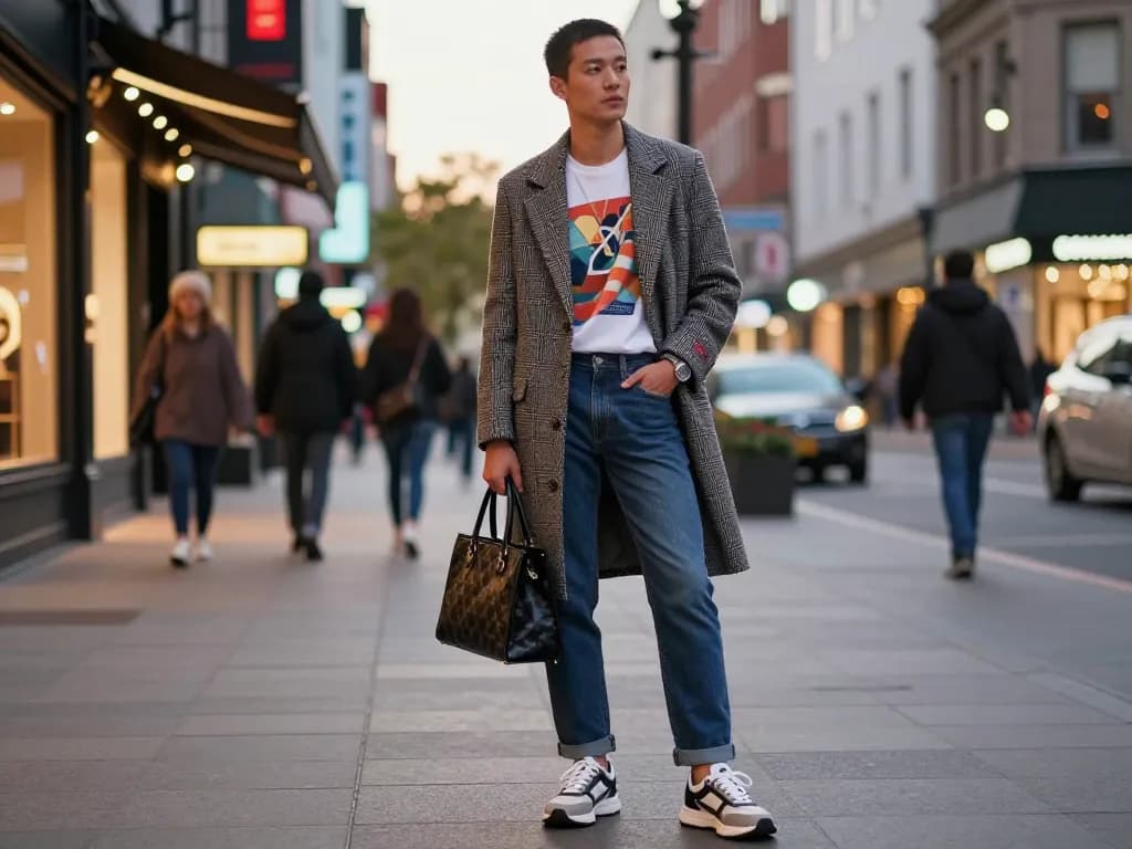 Stylish individual showcasing luxury 레플리카 fashion in an urban setting.