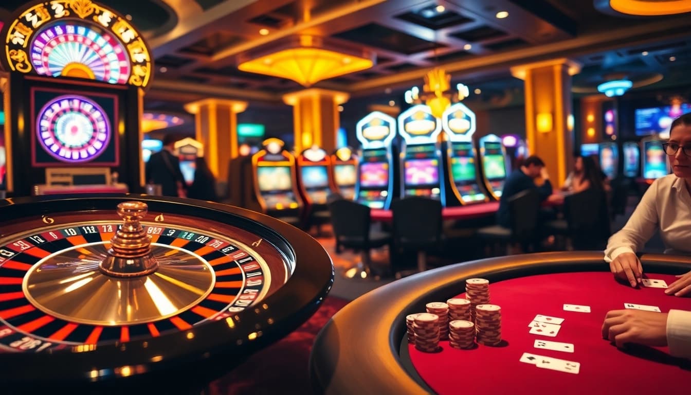 Exciting gambling scene at https://68vip.ac/ showcasing luxury poker tables, vibrant slot machines, and roulette wheels.