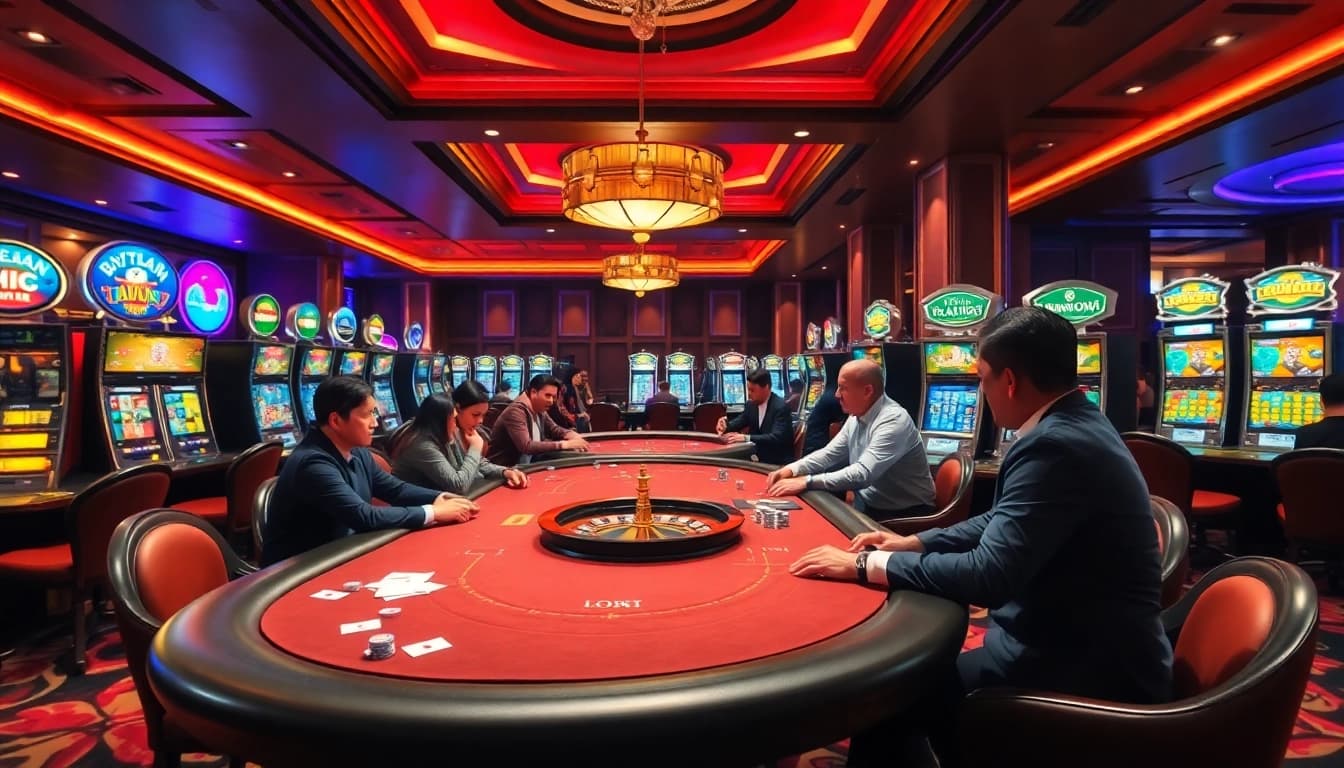 Experience luxury gambling at Nhà Cái Uy Tín's vibrant casino with poker tables and slot machines.