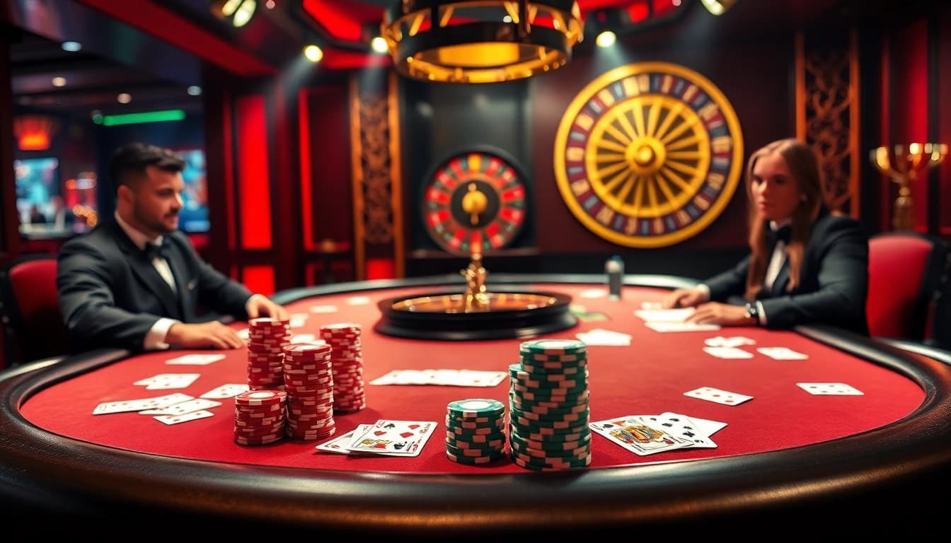 Experience high-stakes poker at 33WIN's luxurious casino table, featuring colorful chips and professional dealers.